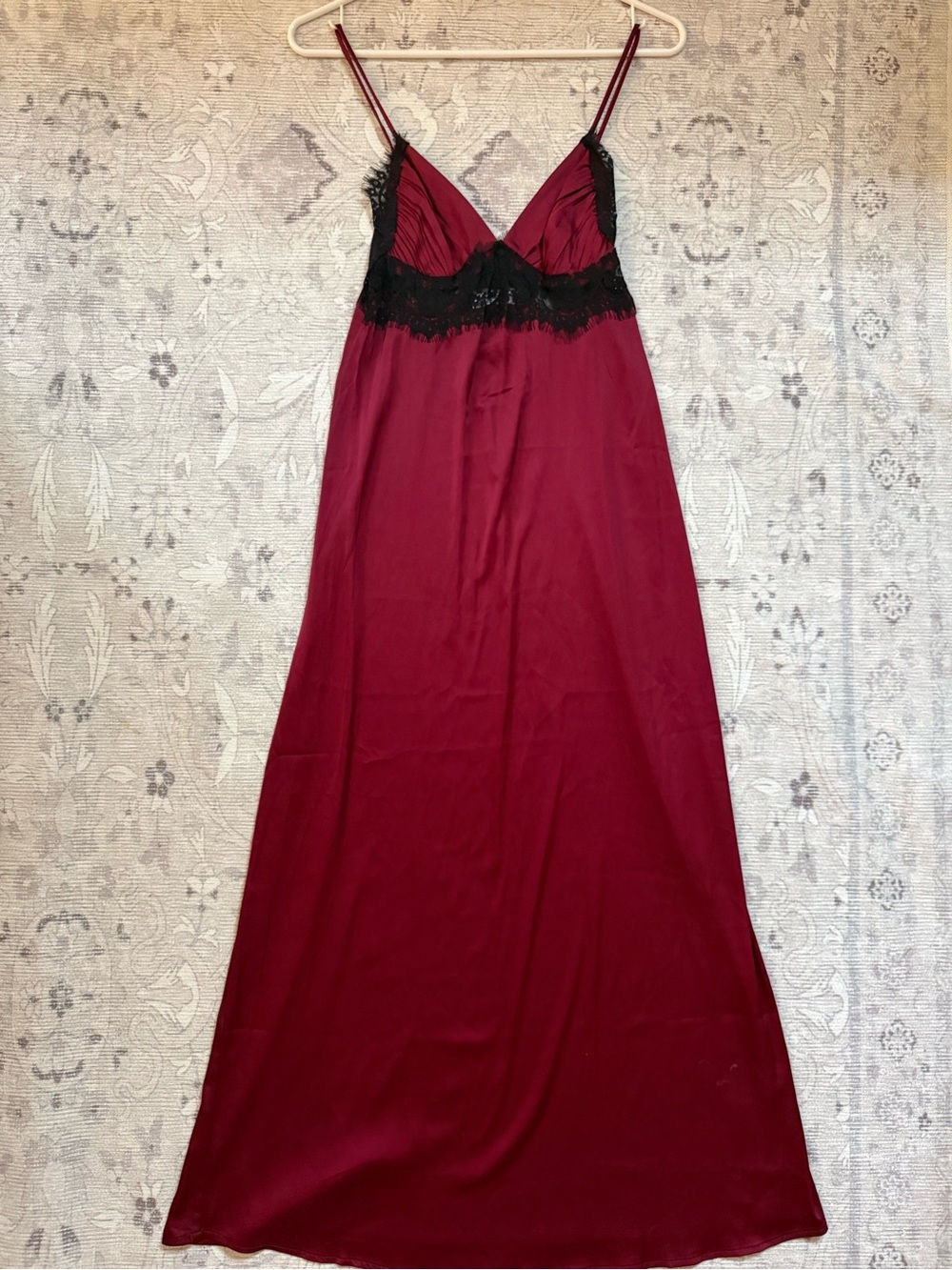 Lace-Trim Burgundy Maxi Slip Dress